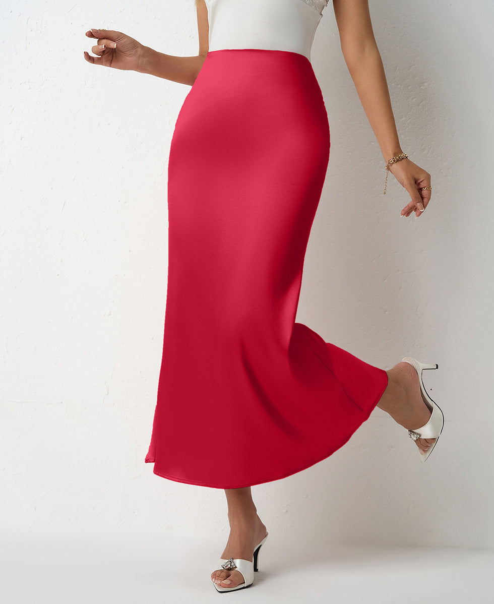 Women Clothing Spring Summer Slim Satin Skirt Satin Mid Length Sheath Fishtail Skirt