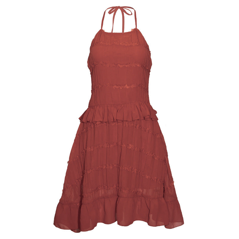Halter Lace up Backless Waist Trimming Large Dress Layered Ruffled Short Dress