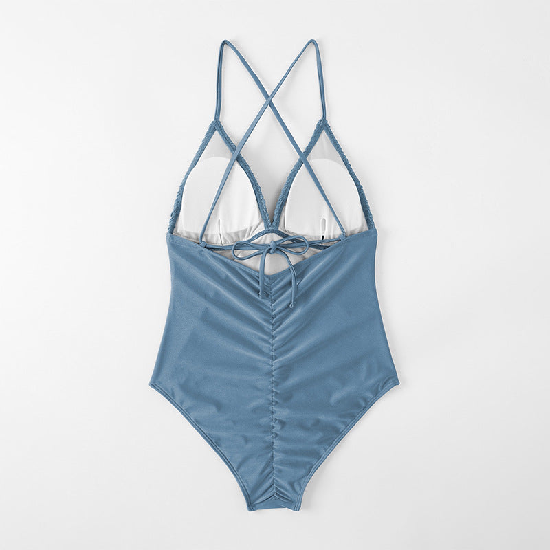 Solid Color V neck Triangle Cup Stylish Beach Swimsuit Tight Triangle One Piece Swimsuit