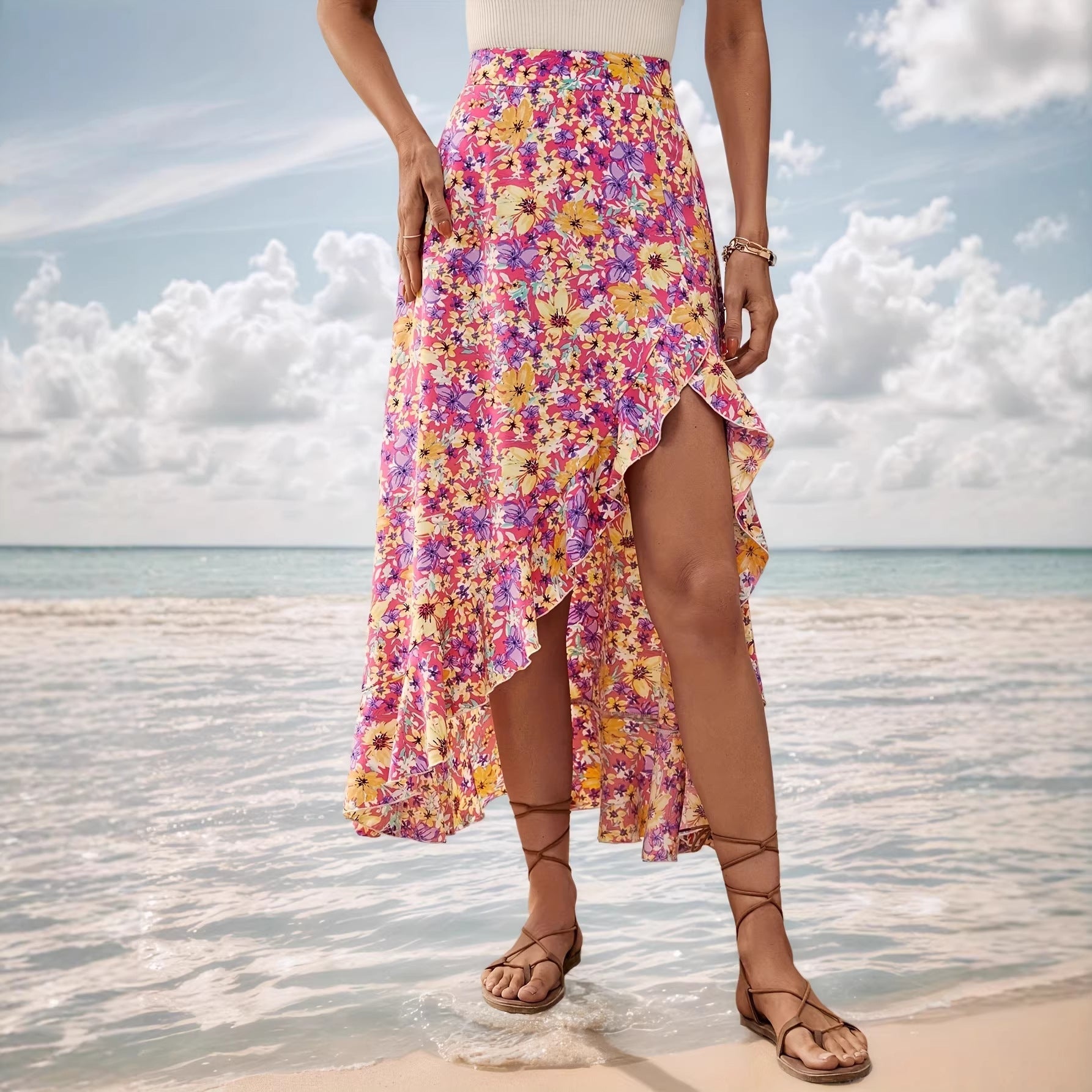Summer Lace up Split Irregular Asymmetric Ruffled Small Floral Skirt Women