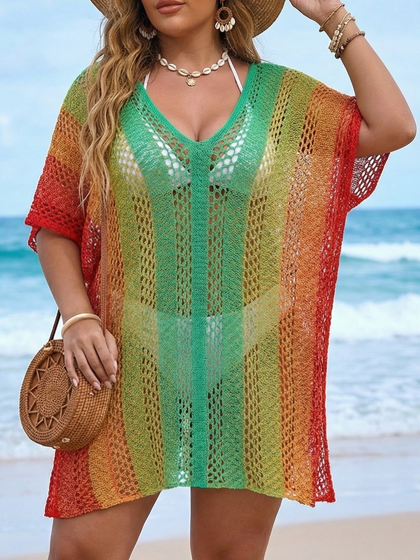 Beach Vacation Blouse Women Gradient Color Hollow Out Cutout out Woven Shirt Loose Casual Bikini Overclothes Dress