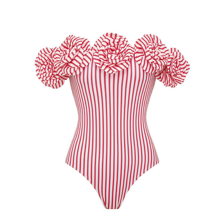Swimsuit Tube Top 3D Floral Decorative Striped One Piece Swimsuit Women