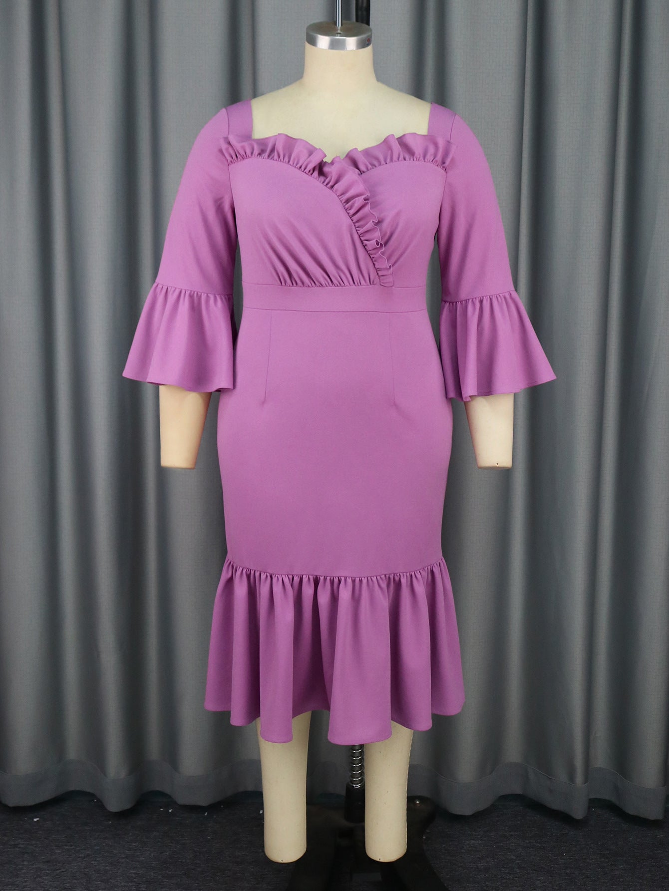 Purple Square Collar Flared Fishtail with Wooden Ears Elegant V Back Dresses