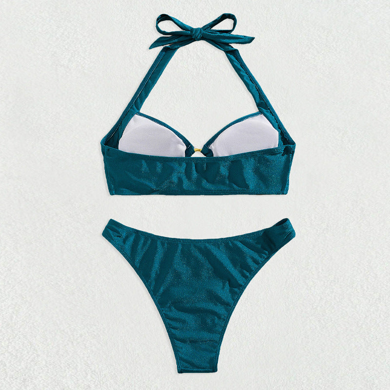 Sexy Bikini Solid Color Biniki Split Swimsuit Gold Ring Halter Swimsuit