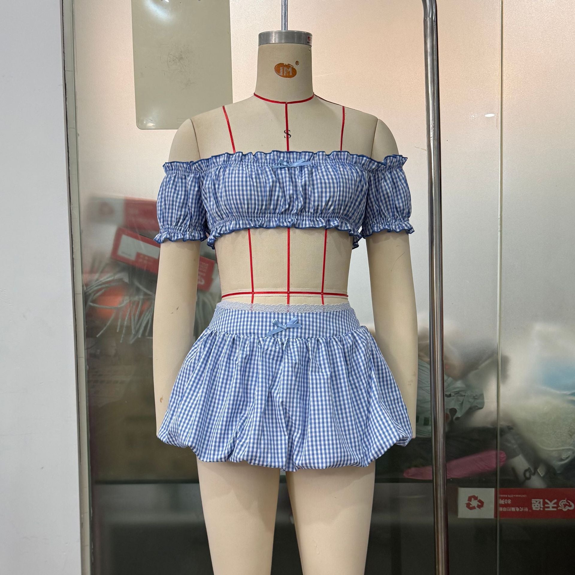 Women Clothing Summer Plaid Sexy Bow Tube Top Sexy Short Skirt Two Piece Sets