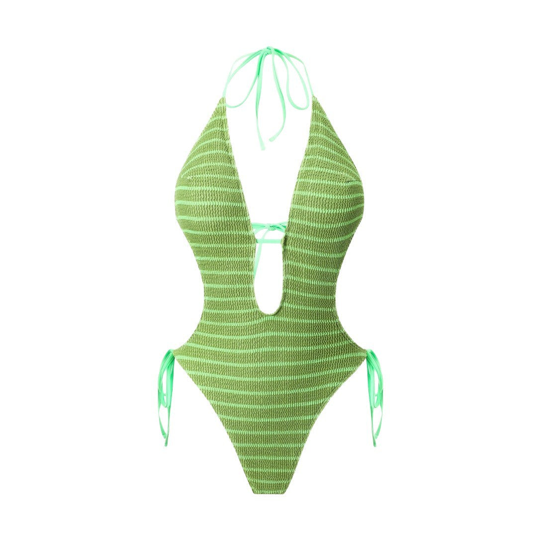 Bikini Sexy Deep V Plunge Lace up Halterneck Backless Siamese Women Swimsuit