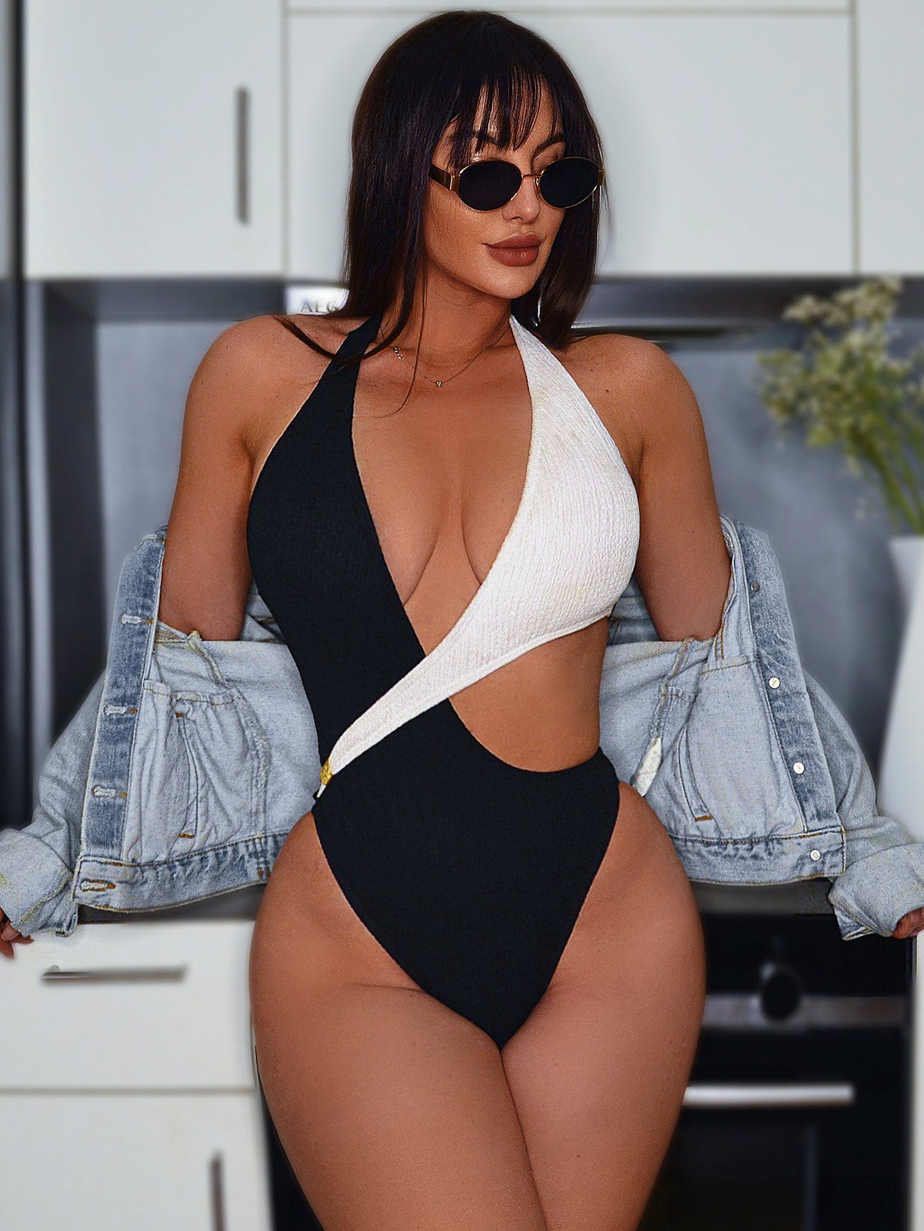 Bikini White Black Contrast Color Hollow Out Cutout Strap One Piece Swimsuit
