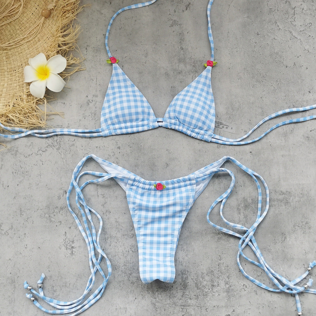 Striped Plaid Simple Printed Triangle Bikini Sexy Lace up Backless Split Swimsuit Women