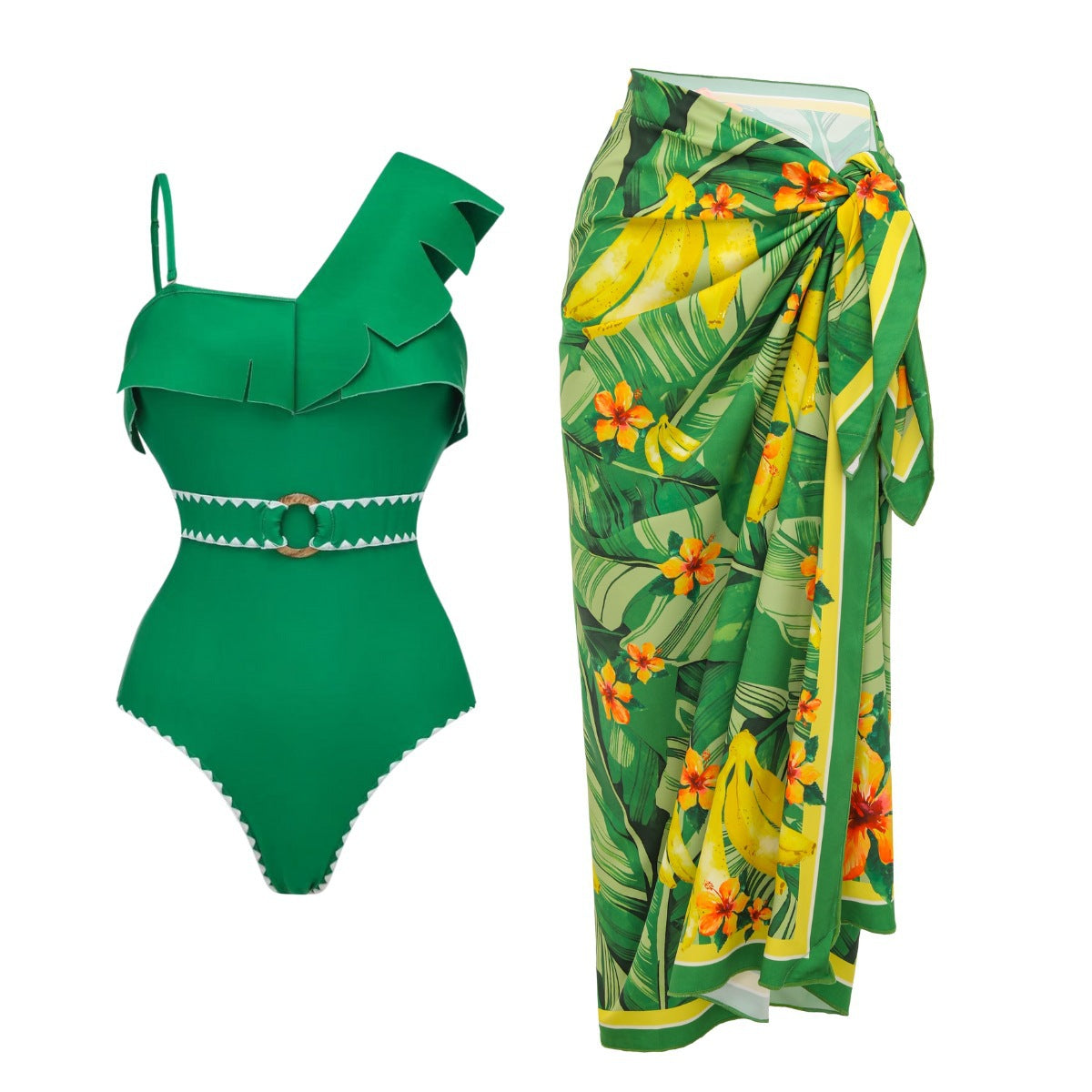 Swimsuit Green Banana Floral Print One Piece Swimsuit Set Women