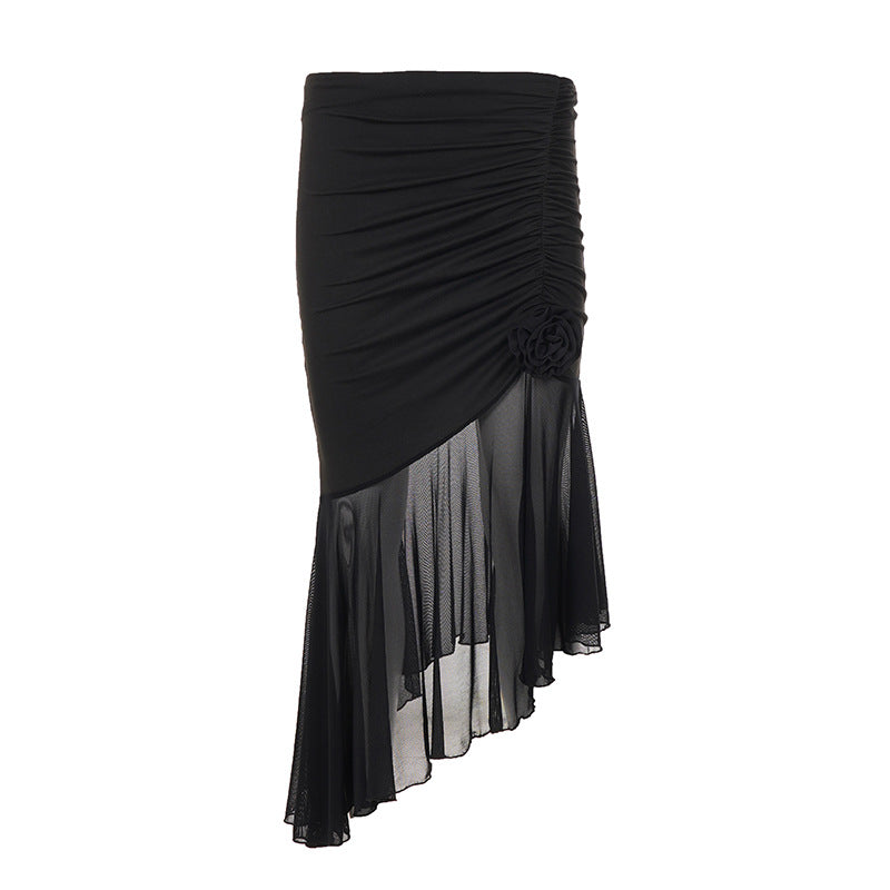 Sexy Sheer Mesh Stitching Irregular Asymmetric Skirt Street Pleated Midi Skirt for Women