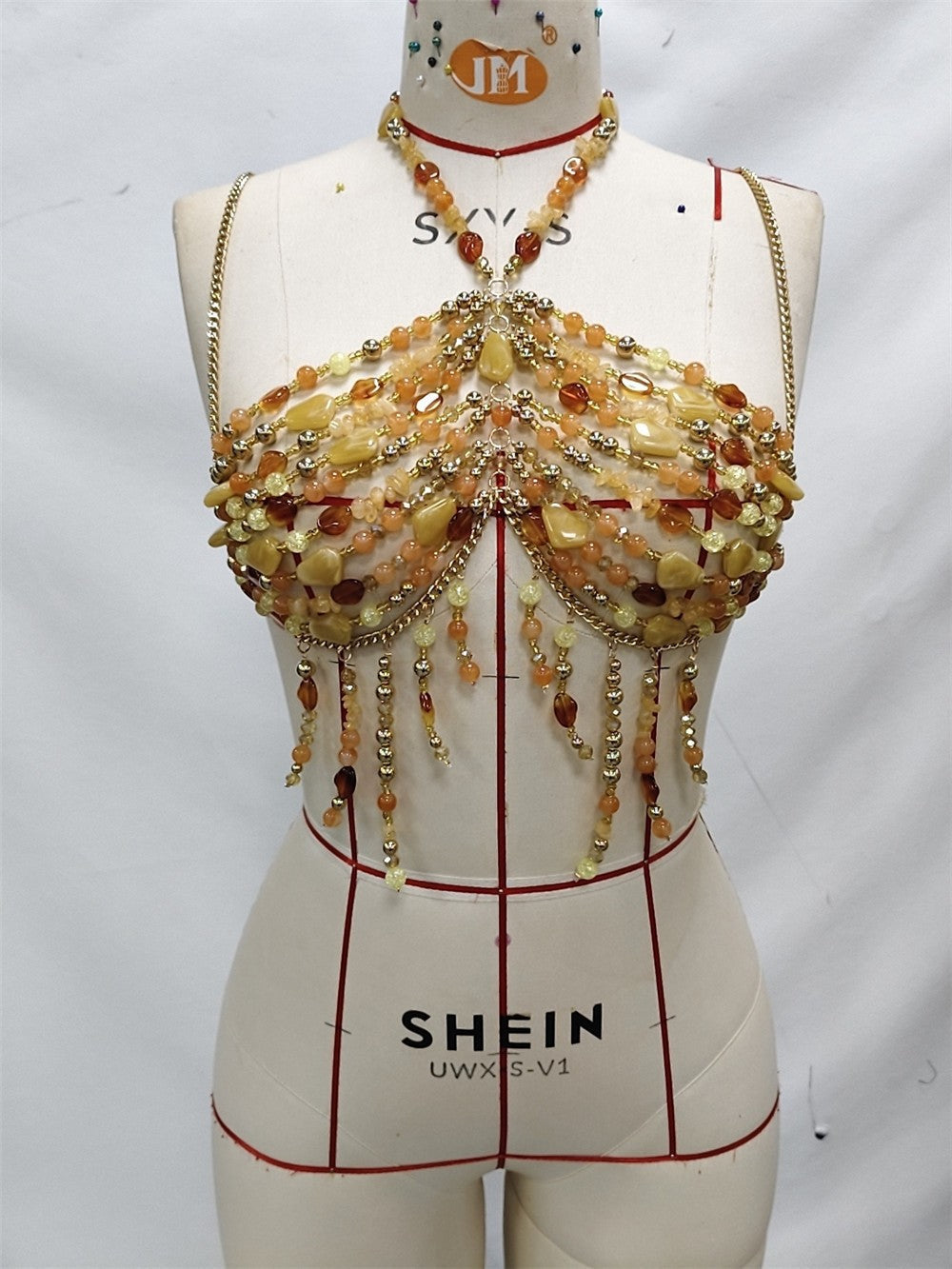 Women Colored Gemstone Beaded Chest Necklace Sexy Tassel Body Cha Bra Vest