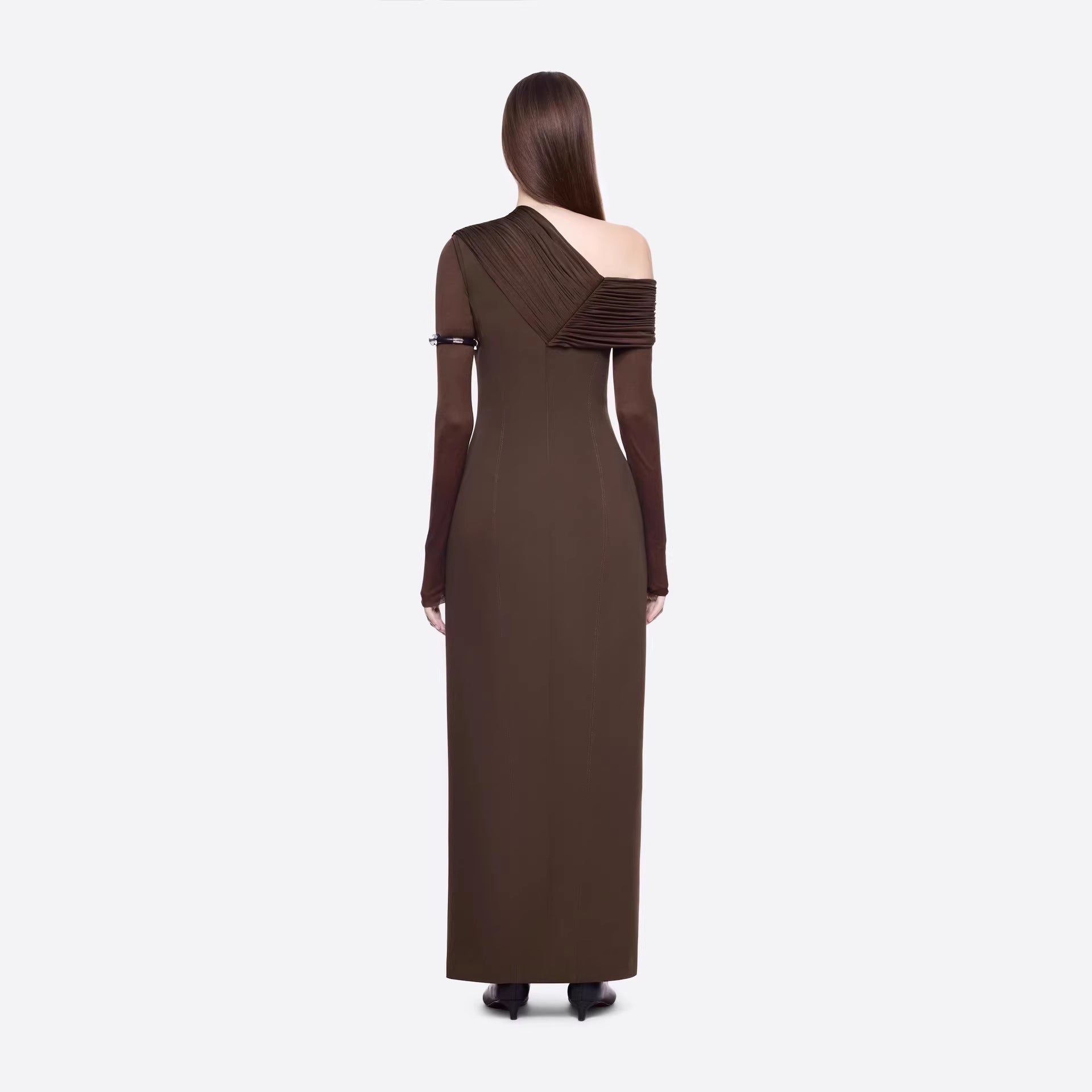 Spring Dark Brown One Shoulder Dress Pleated High Slit Maxi Dress the Dinner Party Host