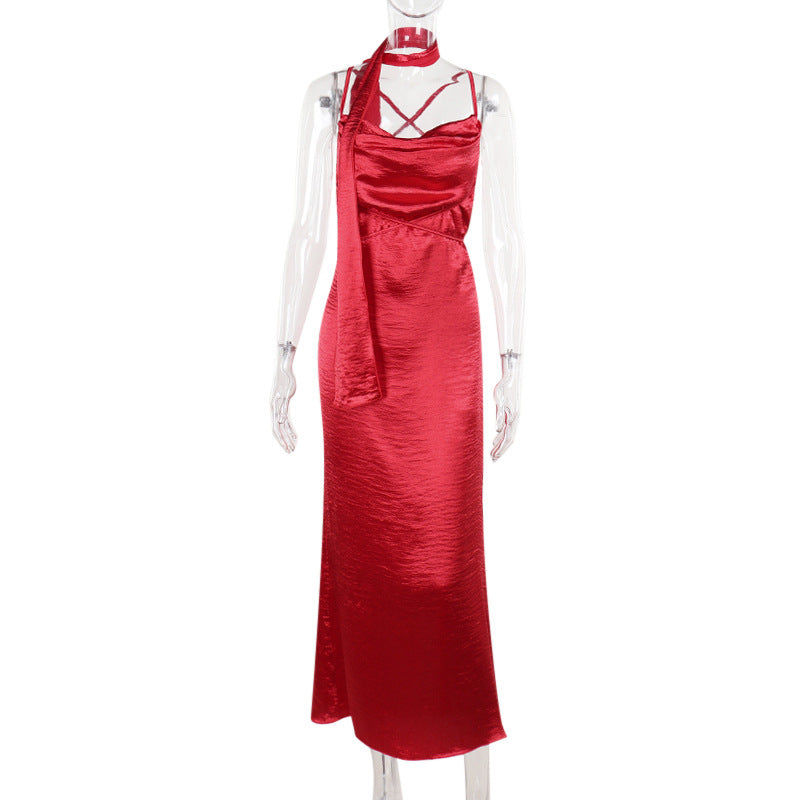 Autumn Long Dress Socialite Elegant Sexy Slim Satin Ribbon Cami Dress