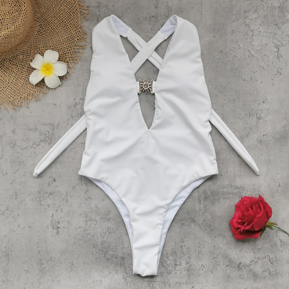Pure White Sexy Deep V Plunge Halter Strap Backless One Piece Swimsuit Women