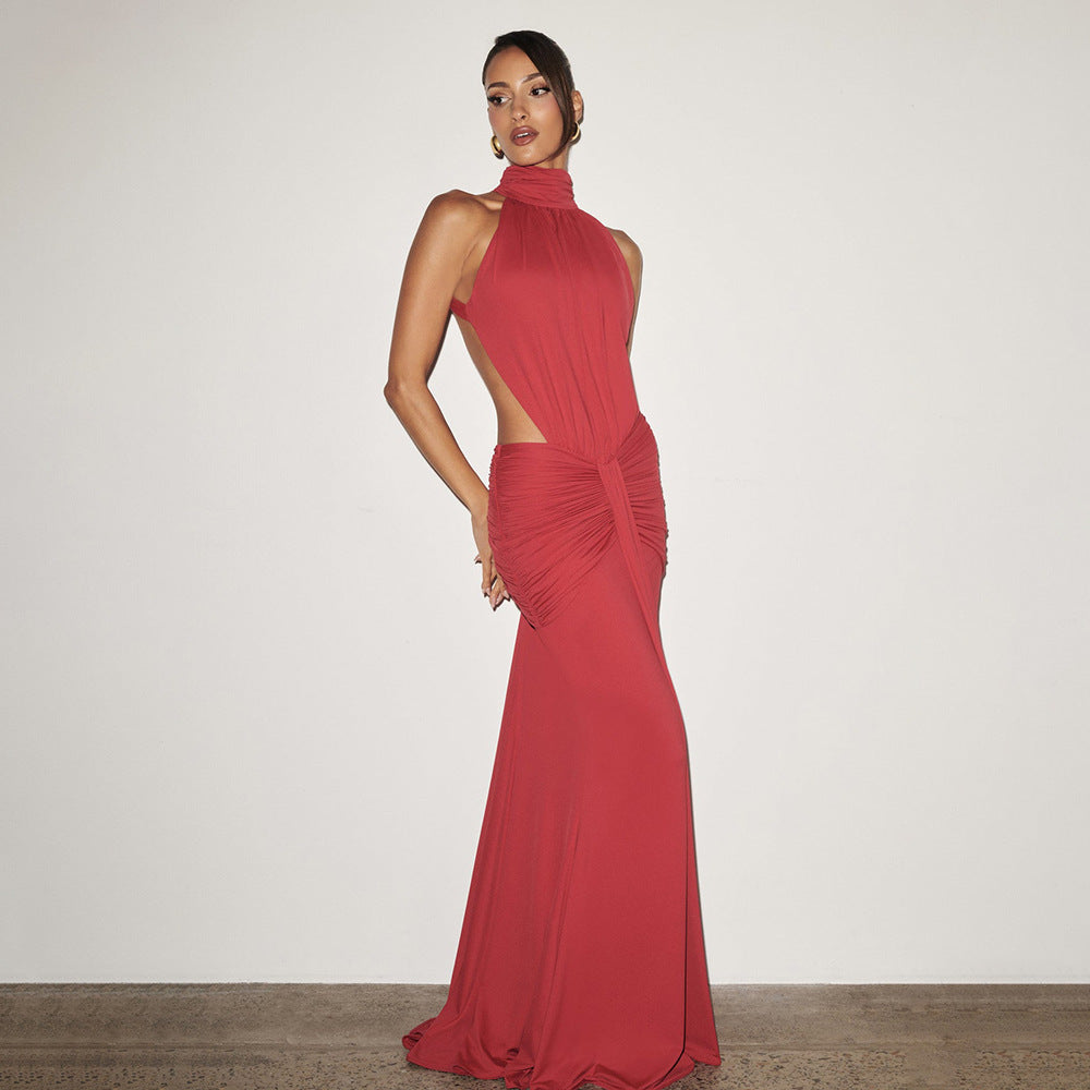 Halter Pleated Slim Fit Maxi Dress High Neck Sexy Backless Cocktail Dress