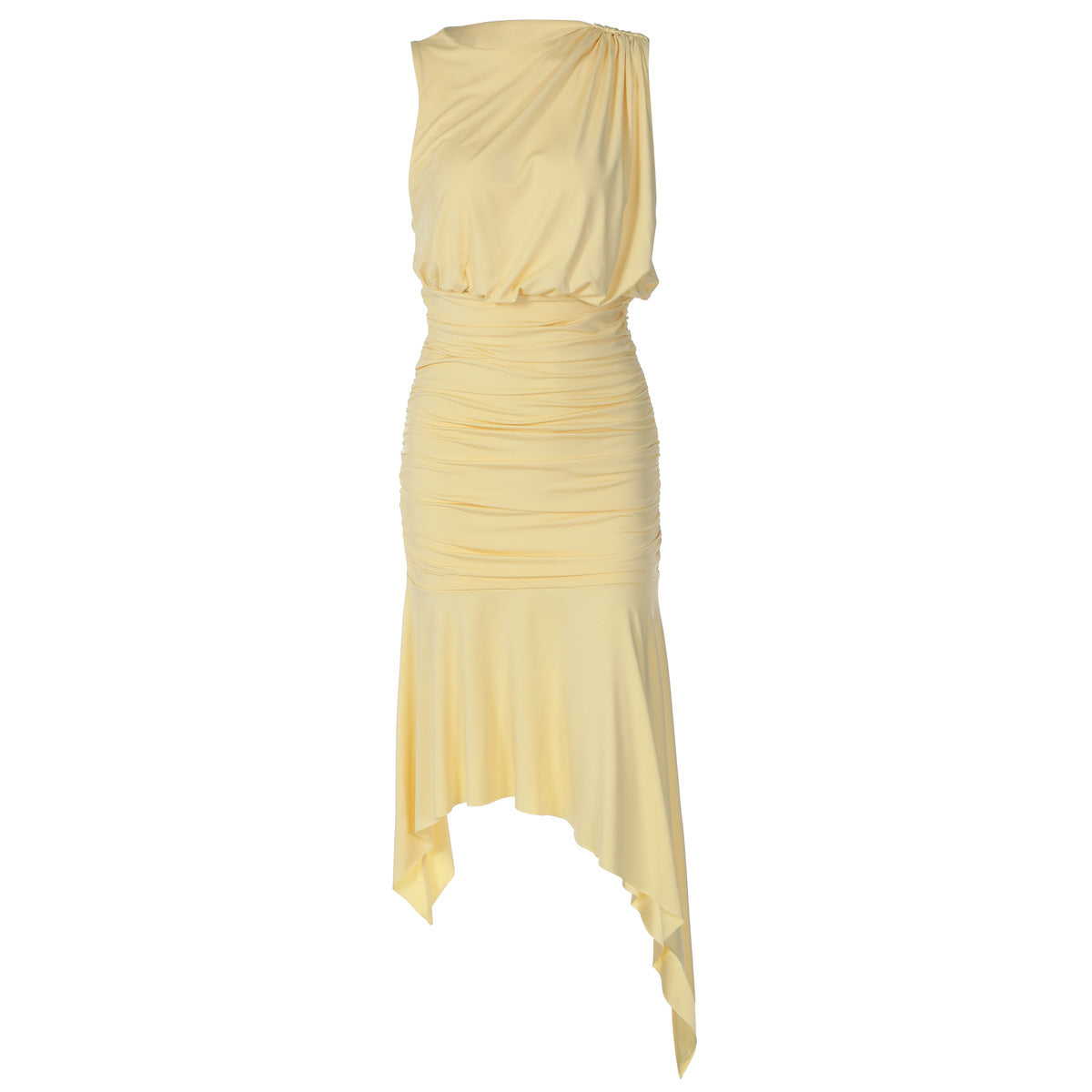 Women Clothing Summer Sleeveless Pleated Waist Tight Slimming Irregular Asymmetric Dress