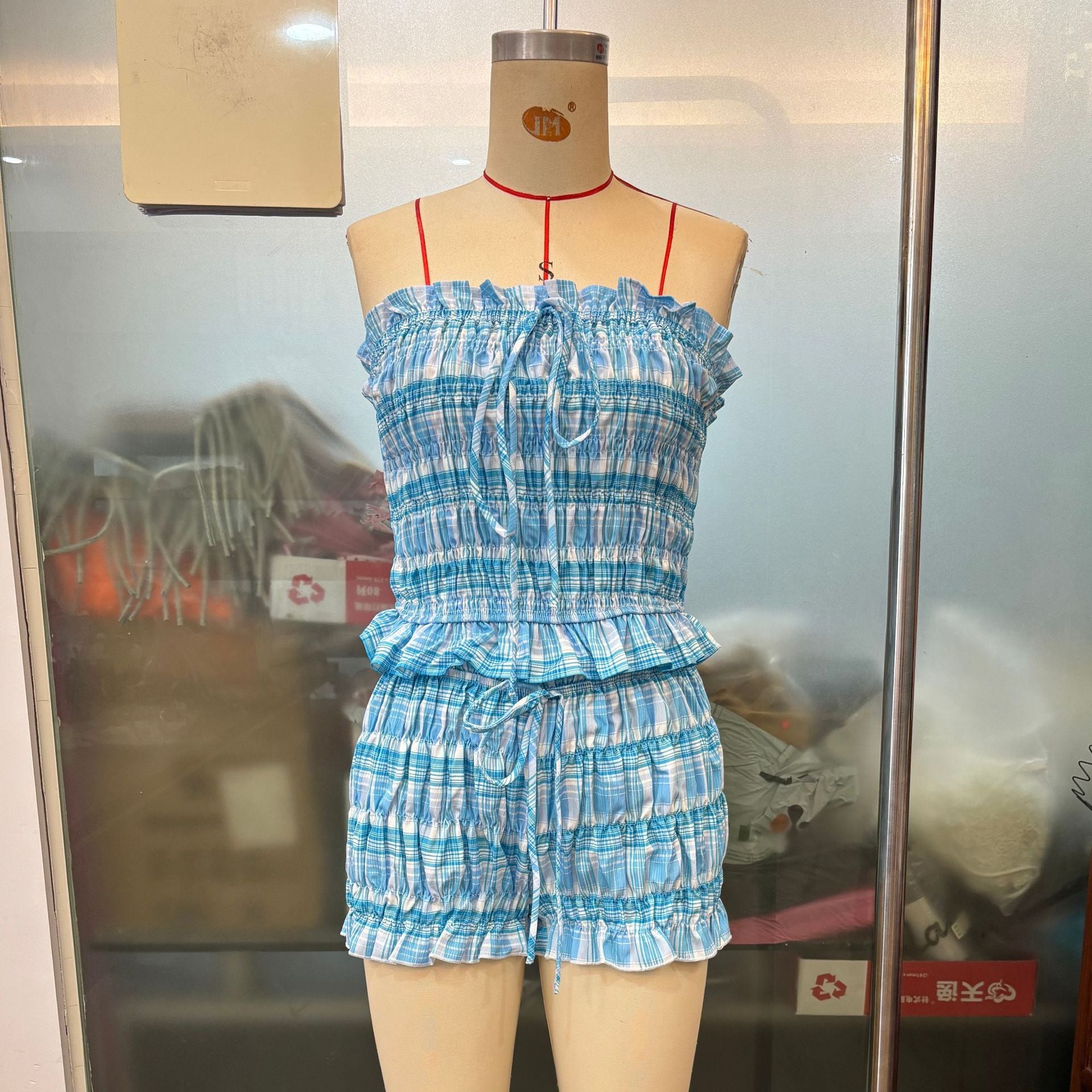 Sexy Blue Plaid Summer Lace up Tube Top Lace Shorts Smocking Set