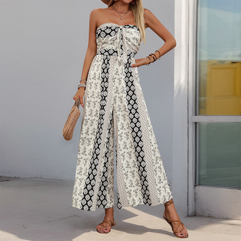 Summer Binding Jumpsuit Ethnic Print Casual Sleeveless Tube Top One Piece Wide Leg Pants