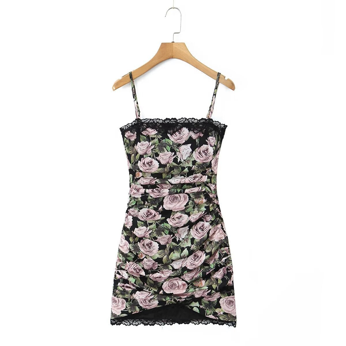 Summer Women Sexy Lace Rose Printed Cami Dress Irregular Asymmetric Casual Dress