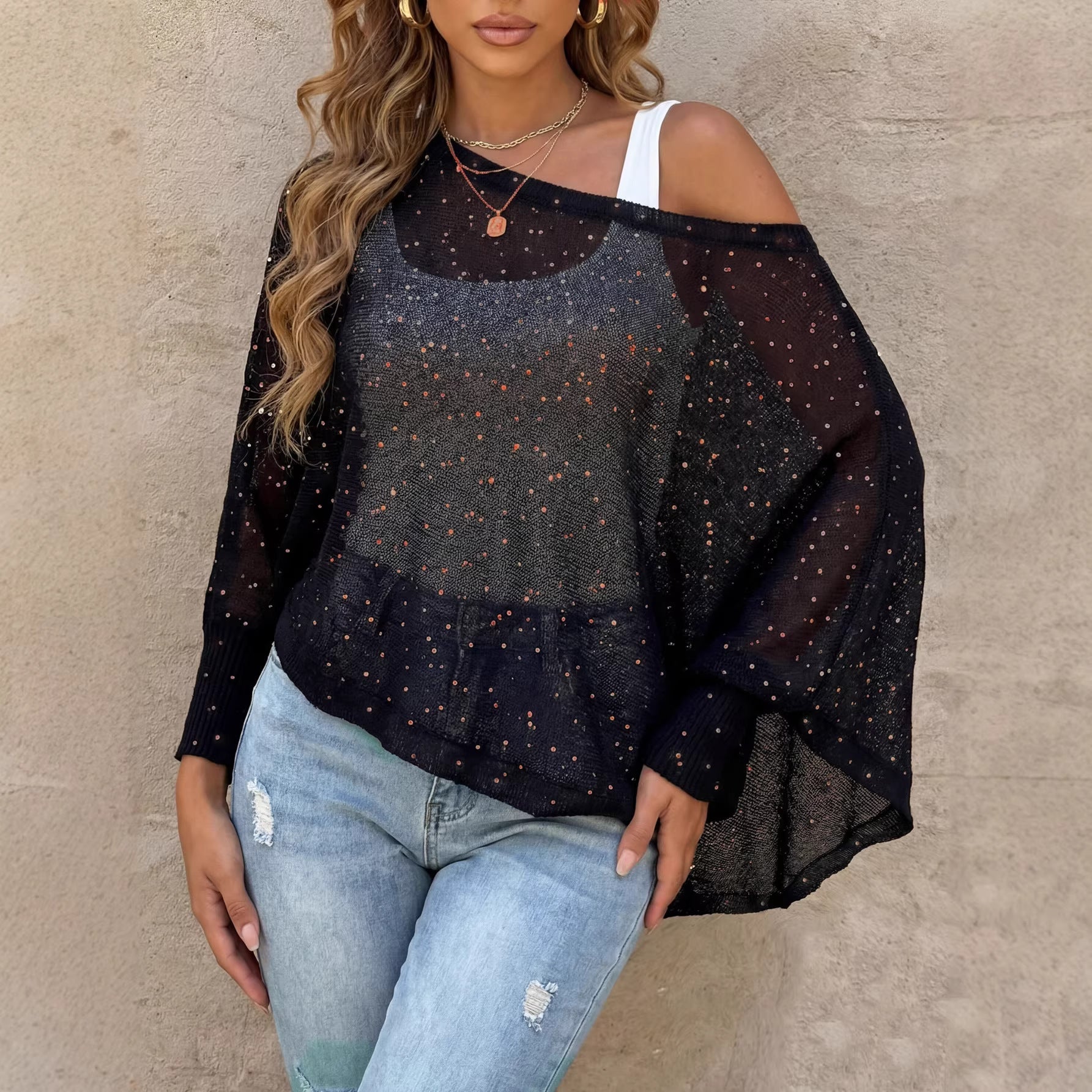 Women Clothing Sequined Blouse Batwing Sleeve Irregular Asymmetric Beach Overclothes Outer Pullover Top