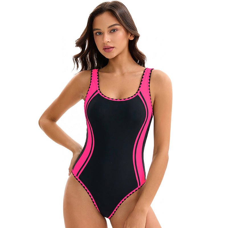 Sleeveless One Piece Triangle Swimsuit Lady Sexy Color Matching Sleeveless Racing Swimming