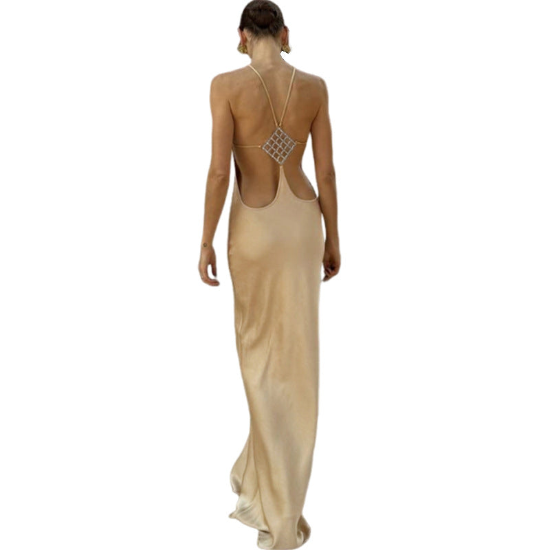 Spring Women Solid Color Irregular Asymmetric Sexy Slim Fit Backless round Neck Sheath Dress for Women