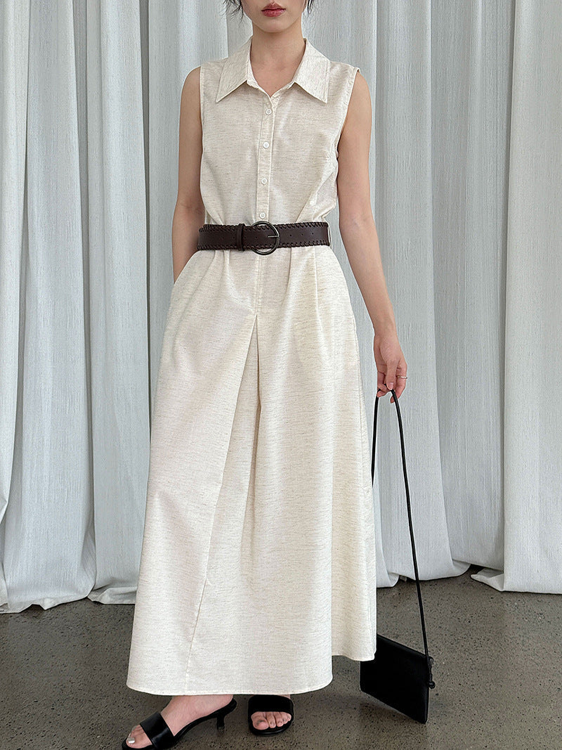 Cotton Linen Shirt Dress with Belt Summer Cinched Sleeveless Dress