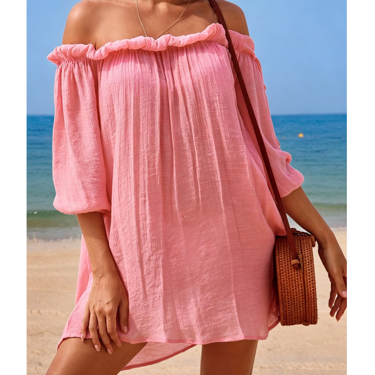Summer off Shoulder Dress Loose Cotton Wrinkle Beach Cover up Seaside Vacation Half Sleeve Short Dress for Women