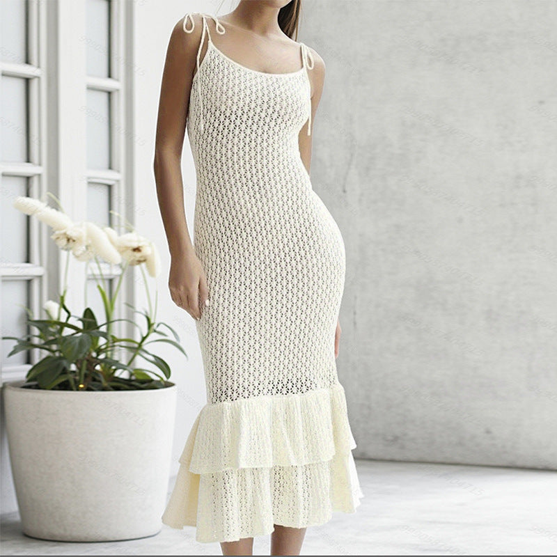 Summer Knit Halter Dress Hollow Out Cutout Seaside Holiday Beach Flounce Long Dress Women Overall Hip