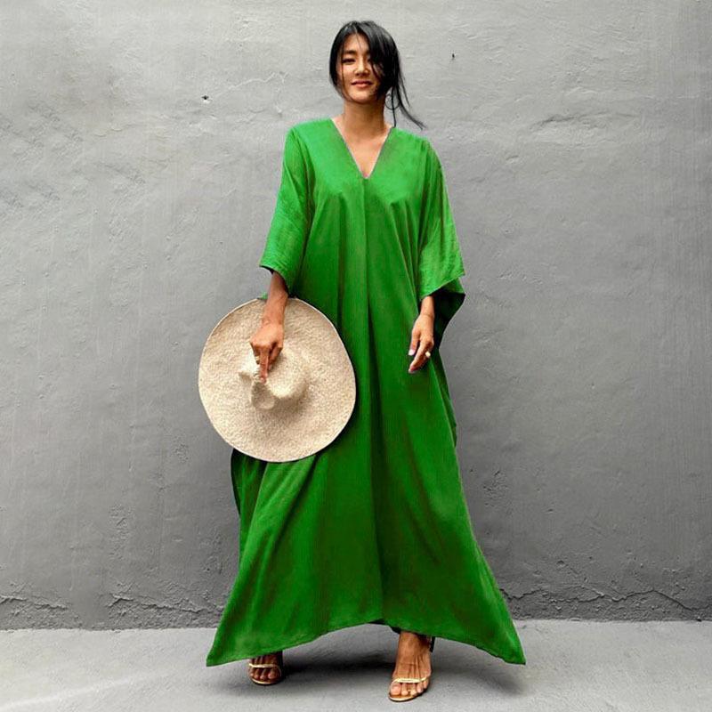 Rayon Loose Robe Beach Cover Up Sexy V Neck Headband Belt Sun Protection Dress Women
