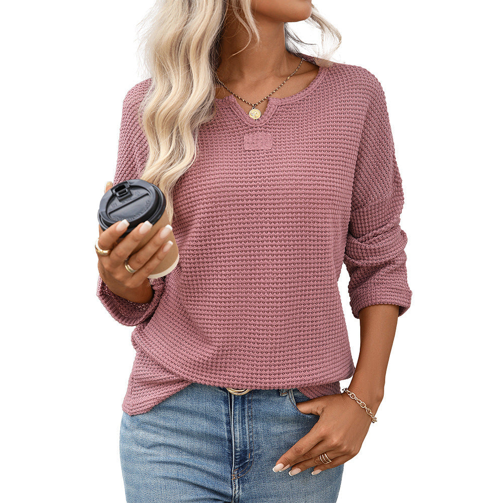 Women Clothing Season Autumn Striped Waffle Knitted Top T shirt Women