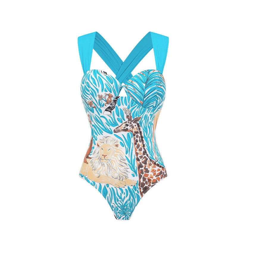 Swimsuit Blue Color Animal Print One Piece Swimsuit Women Long Skirt Two Piece Set