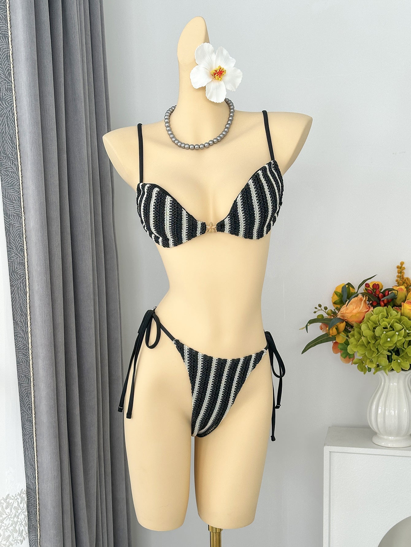 Sexy Striped Halter Lace up Beach Vacation Tube Top Bikini Split Swimsuit Bikin