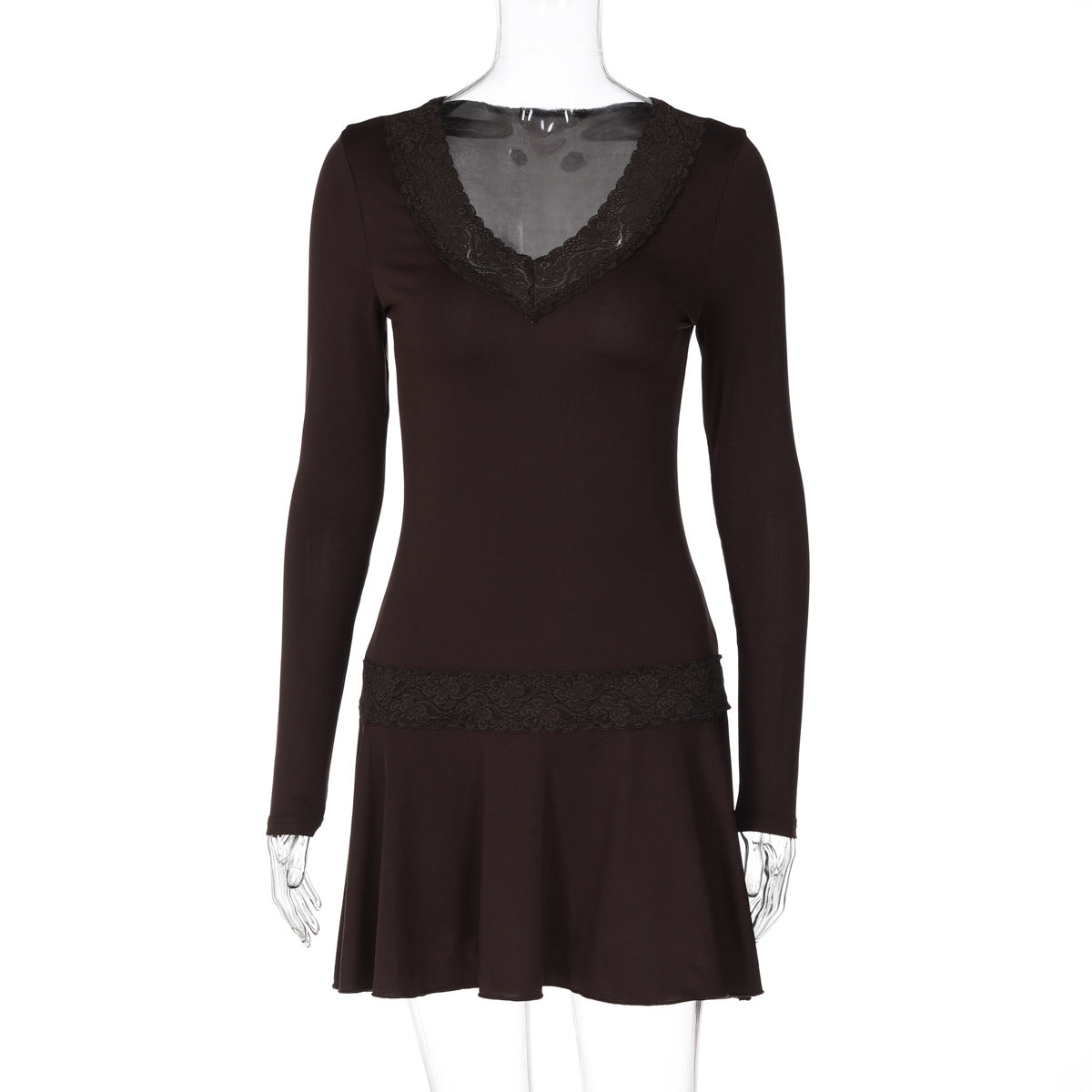 Women Clothing Summer Solid Color Long Sleeve Short Dress Lace Slim Dress