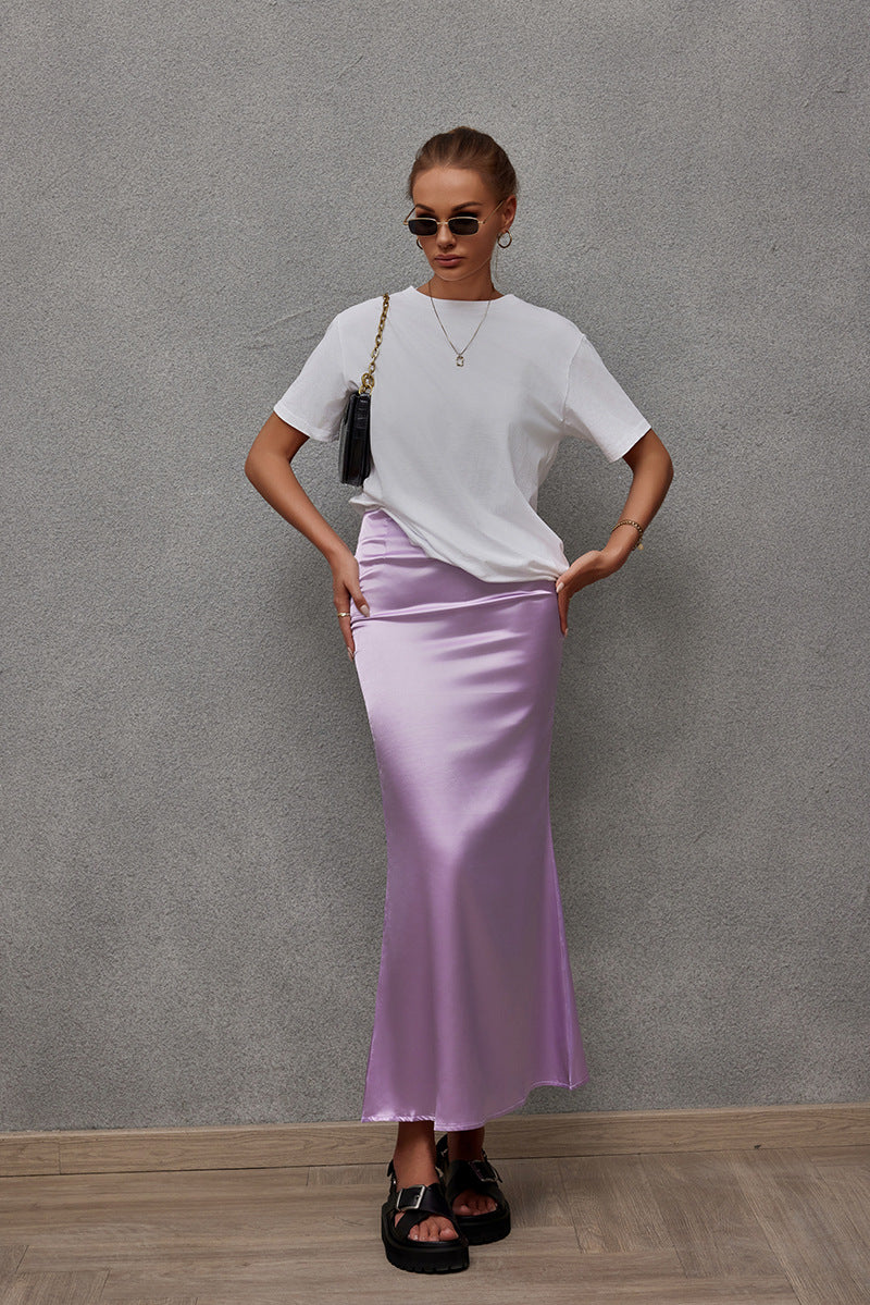 Spring Summer Artificial Silk Skirt Satin Skirt Women Casual Satin Hip Skirt