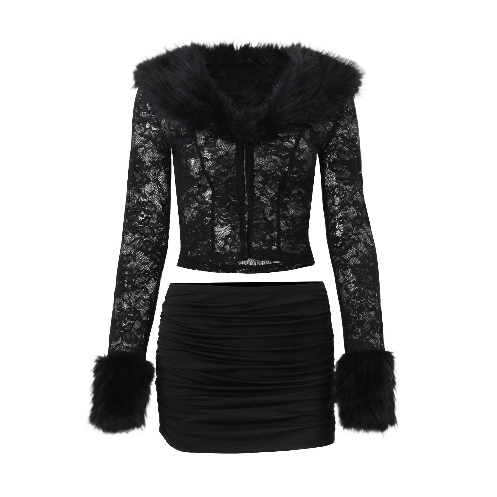 Women Clothing Autumn Winter Street Lace Plush Long Sleeved Top Sexy Skirt Set