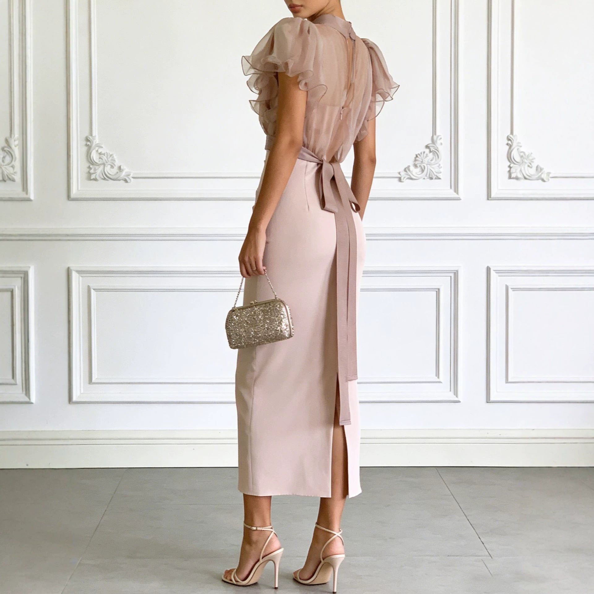 Fashionable Sheer Mesh Lace up Waist Controlled Top Strap Sheath Dress