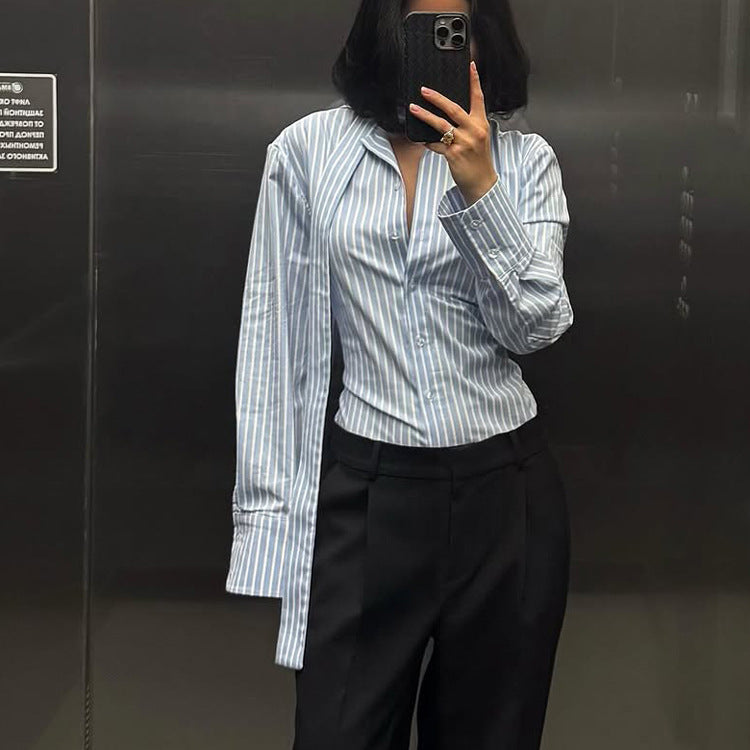 Women Clothing Striped Collared Shirt Women Waist Controlled Long Sleeves Lace up Cardigan Shirt Top