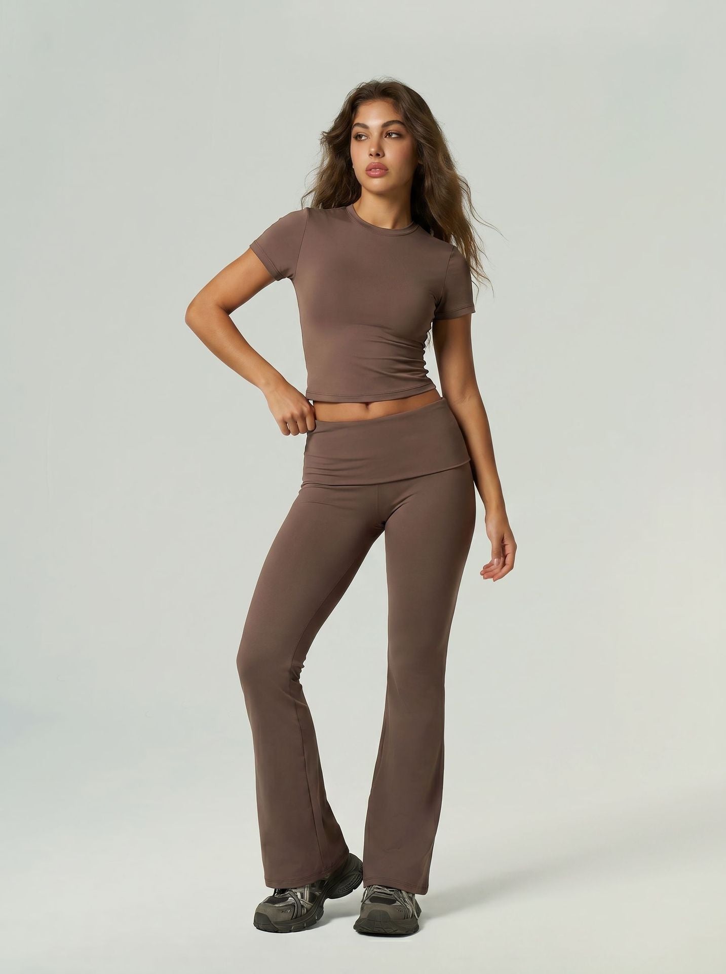 Quick Drying Sports Fitness Wear Short Sleeved Top Long Pants Bell Bottom Pants Tummy Control Butt Lifting Yoga Set