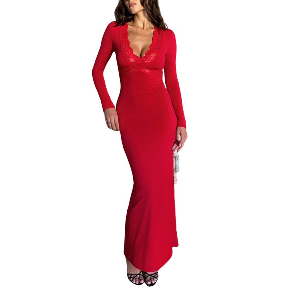 Red V neck Lace Stitching Long Sleeved Slim Fit Sheath Fishtail Dress Elegant Sexy Dress
