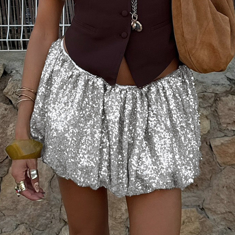 Sexy Sequ Bud Skirt Silver Elastic Personality Street Miniskirt Puffy Skirt