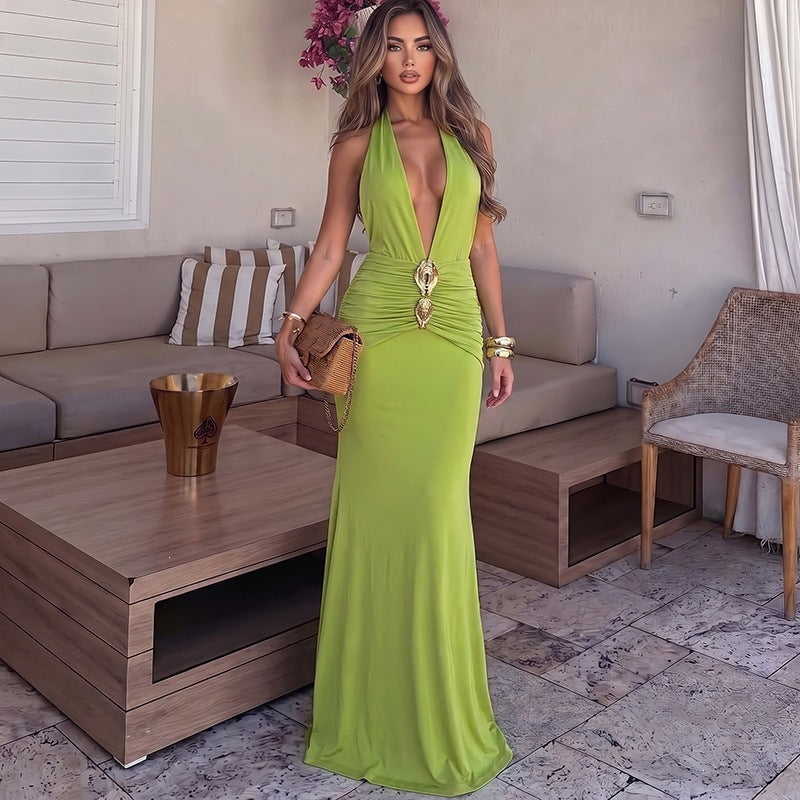 Spring Summer Sexy Deep V Plunge neck Backless Halter Solid Color Fishtail Elegant Dress