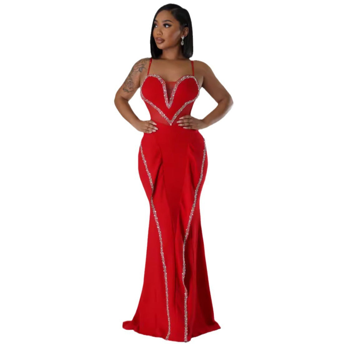 Sexy Rhinestone Mesh See Through Stitching Lace Hip Elastic Sling Dress