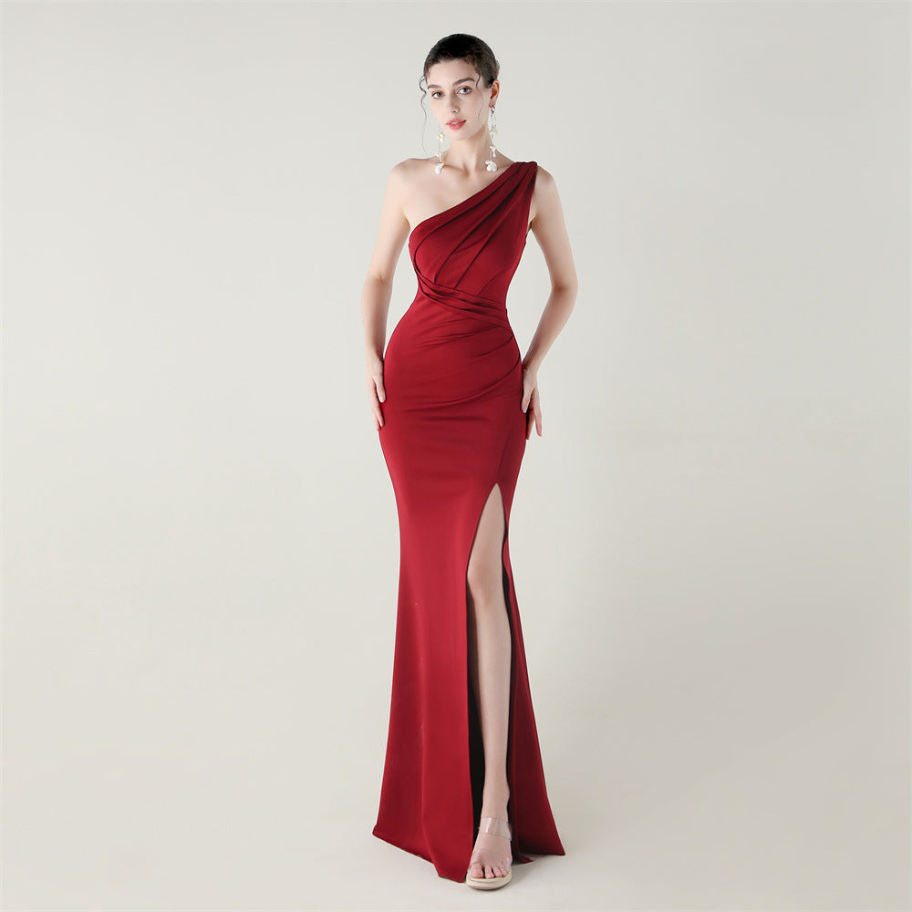 One Shoulder Slim Fit Satin Folding High Slit Sexy Evening Dress Fishtail Dress Dinner Wedding Social Networking