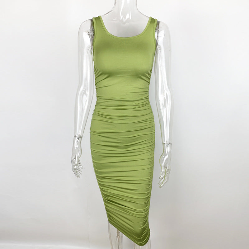 Summer Sexy Women Wear Solid Color Tight Backless Sleeveless Pleated Dress
