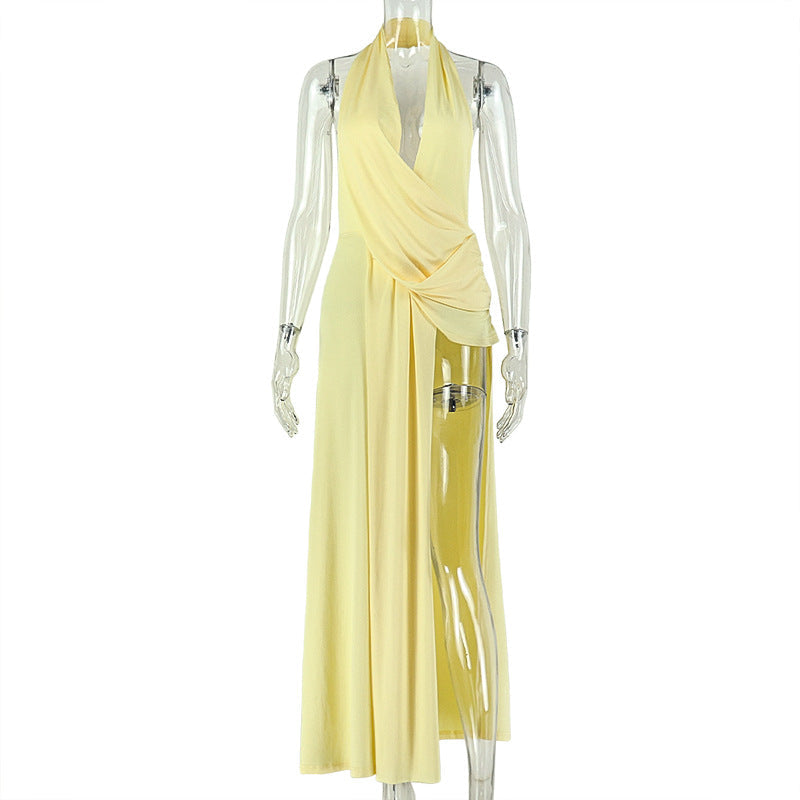 Backless Casual Women Pleated Halter Sexy Hip Home V neck Solid Color Dress