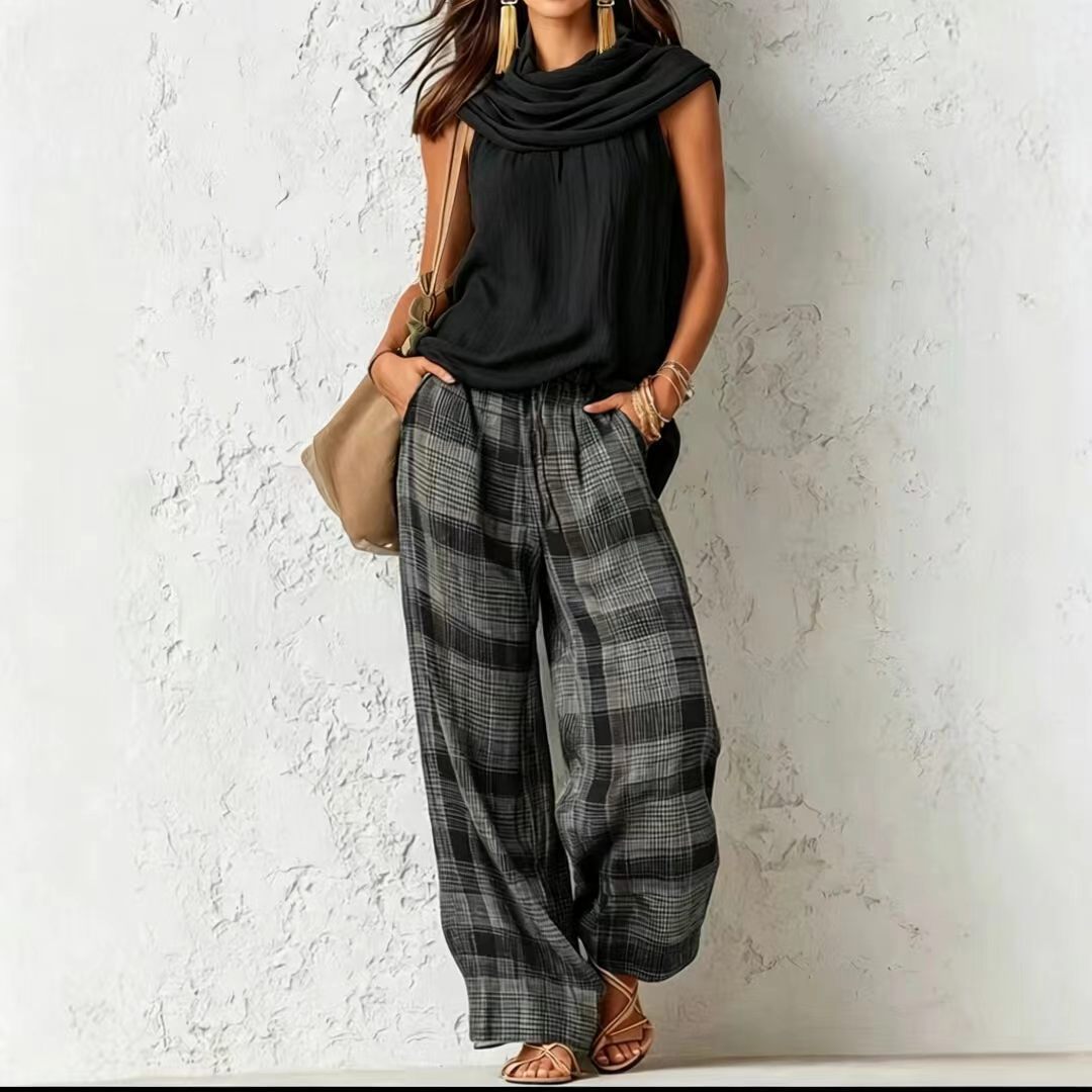 Women Retro Casual Sleeveless Top Plaid Pants Two Piece Sets