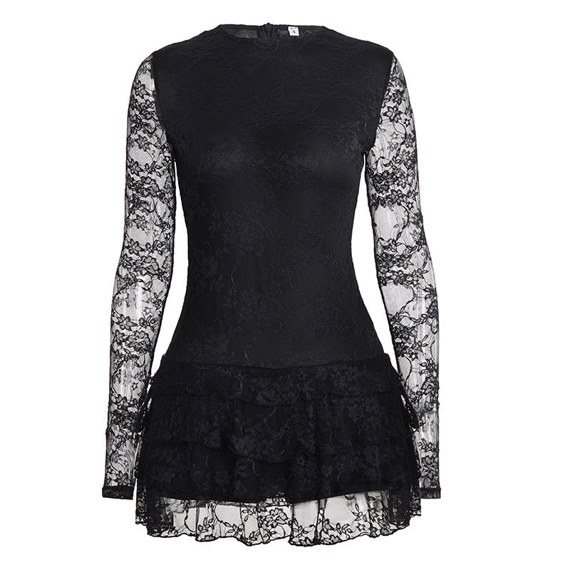 Women Dark Sexy Tight Long Sleeve See through Lace Tiered Dress round Neck Waist Trimming A line Dress