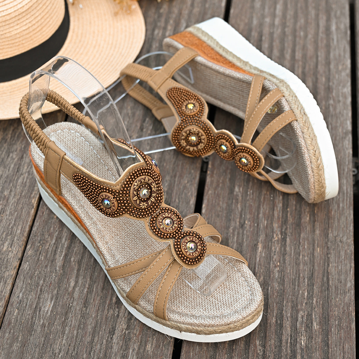 Rhinestone Beaded Elastic Band Wedge Sandals Women Ethnic Mid Heel Lightweight Casual Beach Sandals
