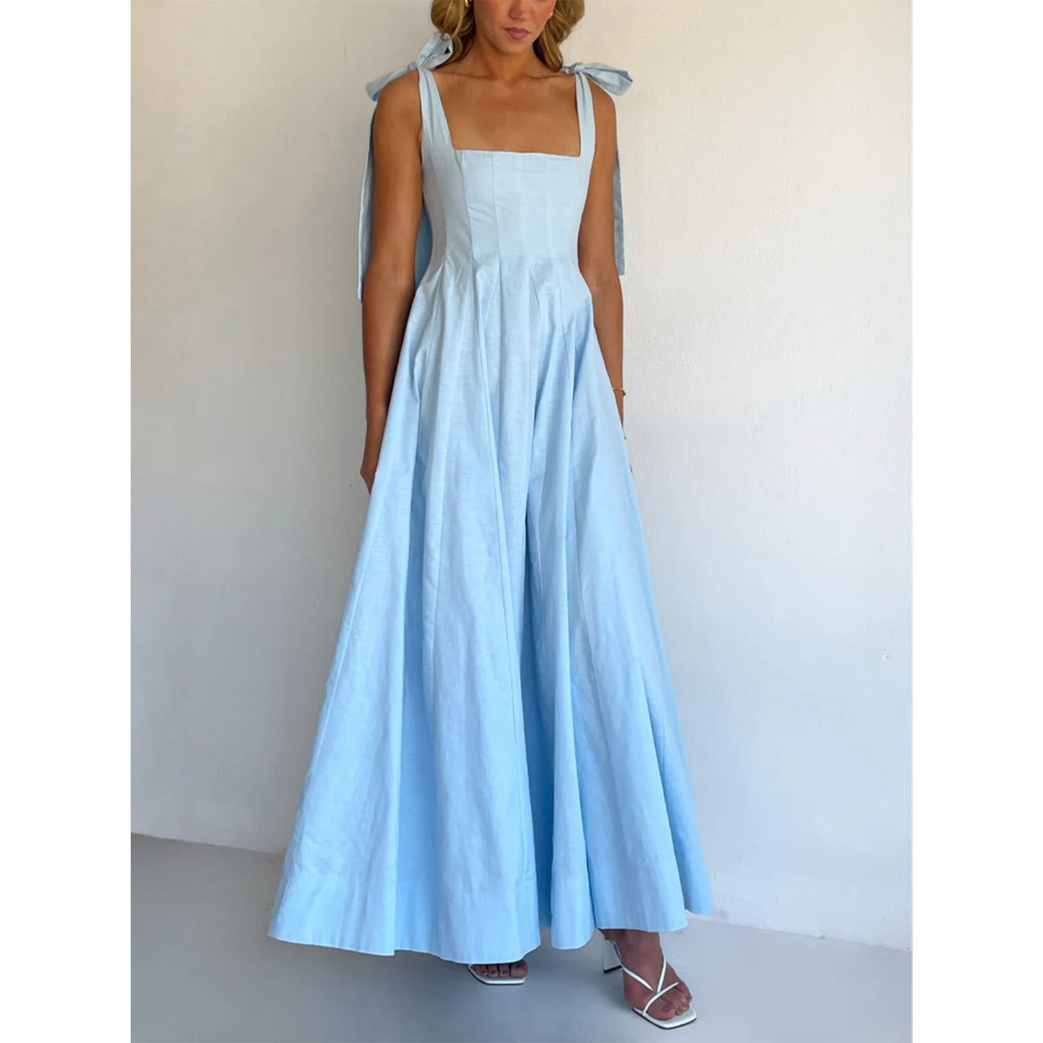Elegant Solid Color Spring Summer Stitching Tied Maxi Dress